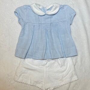 EUC Alice Kathleen & co Blue & white collar pleat top seersucker shorts 12/18mo